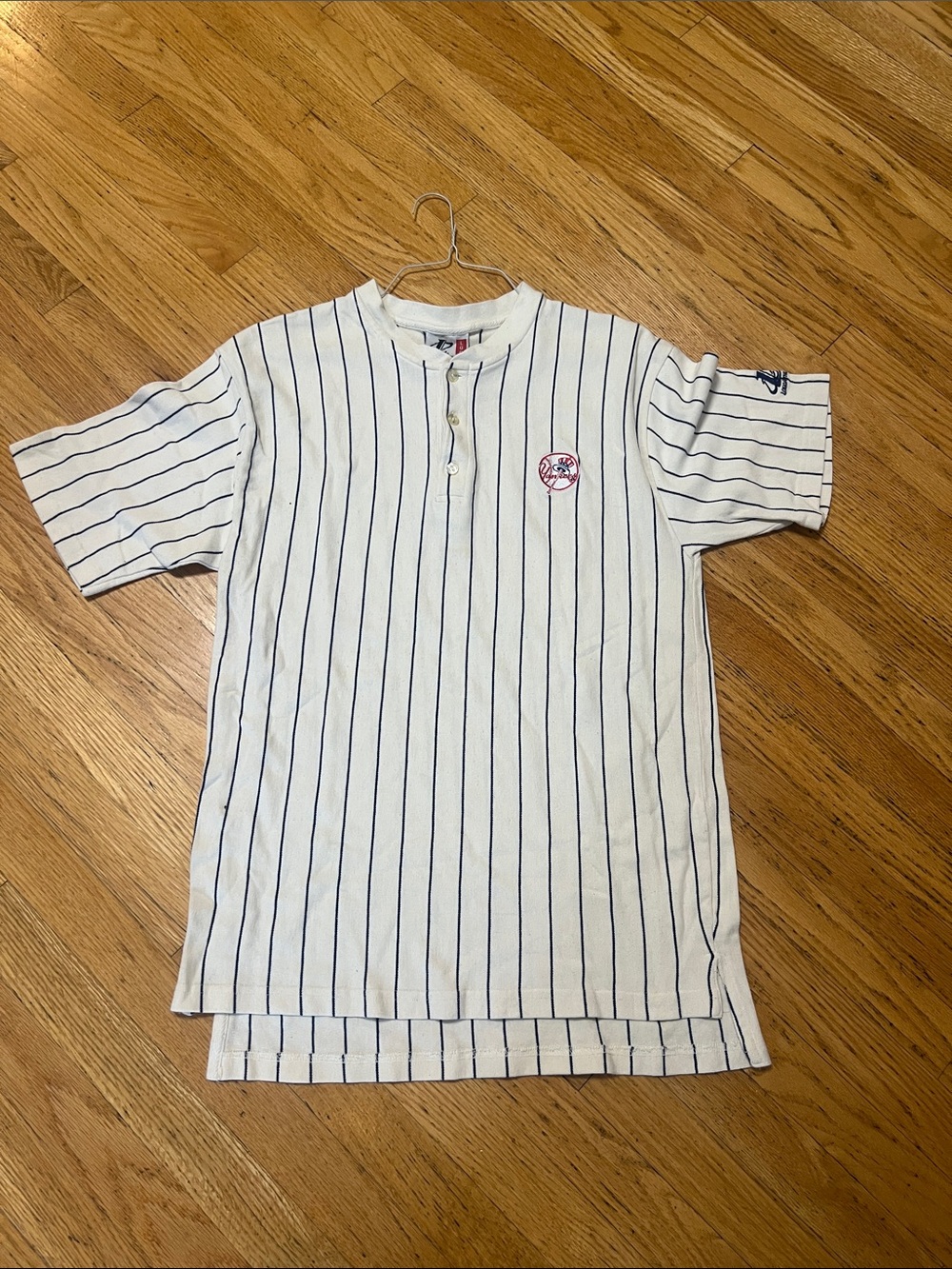 Logo Athletic White Tee with Navy Pinstripes